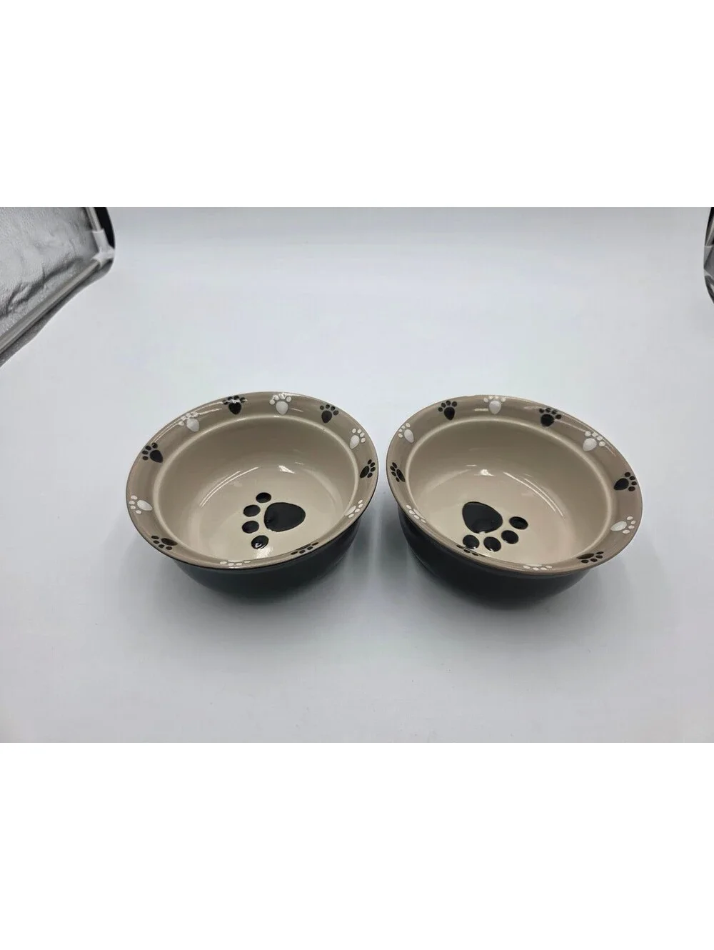 Set of 2 Ceramic Pet Bowls with Paw Print Design